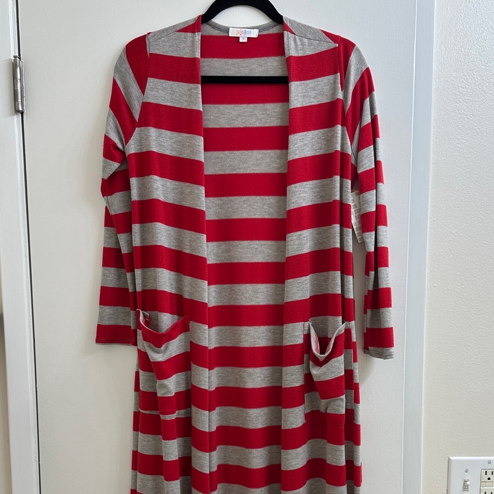 LuLaRoe Red and Gray Striped Cardigan
